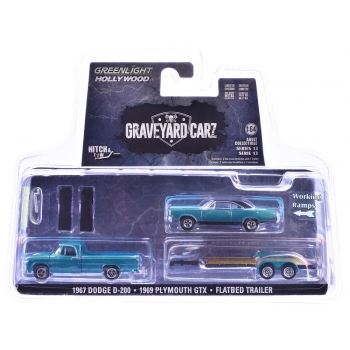 Greenlight 1:64 Graveyard Carz - Plymouth GTX 1969 with Fodge D-200 1967 & Flatbed Trailer